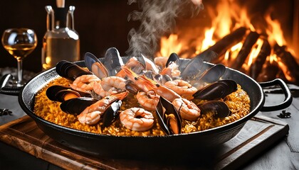 Una deliciosa paella de marisco, comida típica y tradicional de España. Gastronomía popular y del mundo