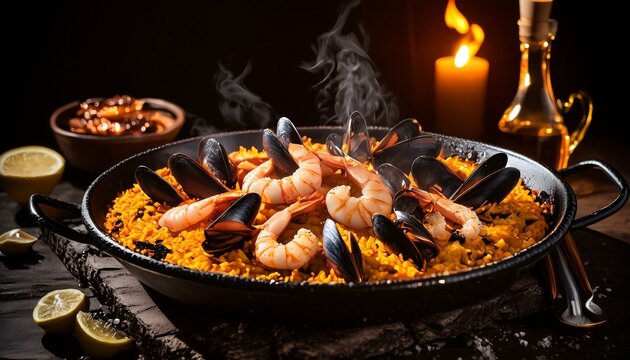 Una deliciosa paella de marisco, comida t&iacute;pica y tradicional de Espa&ntilde;a. Gastronom&iacute;a popular y del mundo