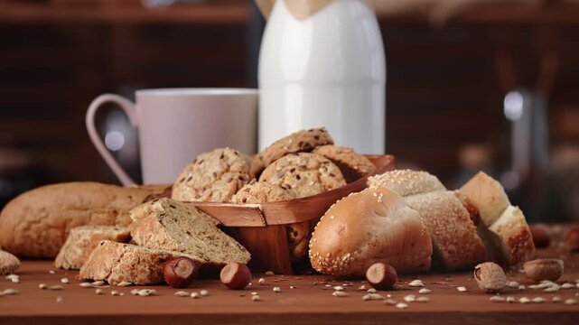 Breakfast in organic farm and countryside, milk bottle and fresh baked bread, multigrain cookies