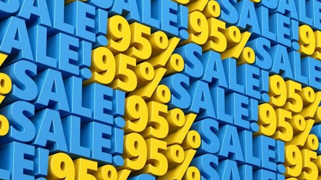 Discount sale 95% off yellow and blue sign. 10% to 90% sale promotion for advertising, special offer, mega sale, hot deal, cyber week, black friday flash and flat sale. 