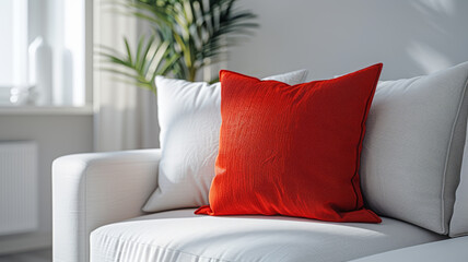 A red pillow on a white sofa with an indoor plant in a bright living room