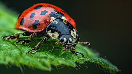Obraz premium Curious Ladybug Clinging to a Vibrant Green Leaf with Detailed Crimson Carapace