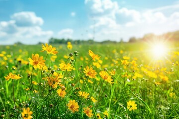 Obraz premium Yellow Spring Flower Blooming on Vibrant Meadow Green Background