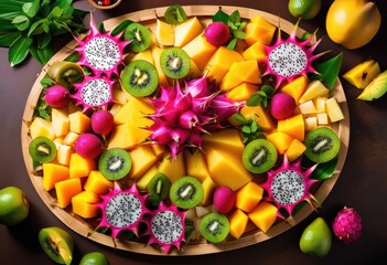 colorful tropical fruit platter coconut flakes exotic refreshment summery vibes, healthy, deliciousness, pineapple, mango, kiwi, papaya, guava, passionfruit