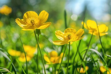 Fototapeta premium Yellow Spring Flower on Green Meadow Background. Beauty of Nature in Summer