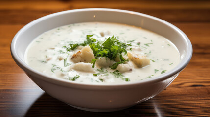 Fototapeta premium bowl of fresh clam chowder, generative ai