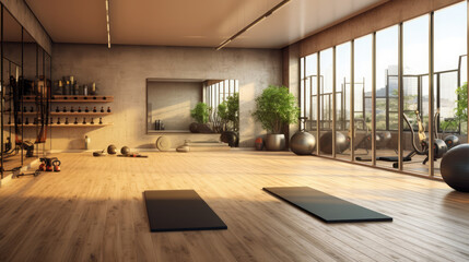 Yoga gym interior with equipment, daylight and wooden flooring., generative ai
