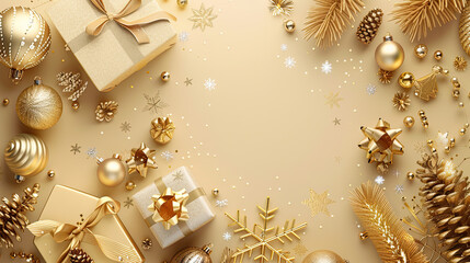 Golden Christmas decorations and wrapped gifts arranged