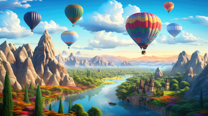 Fototapeta premium Colorful hot air balloons flying over beautiful landscape., generative ai