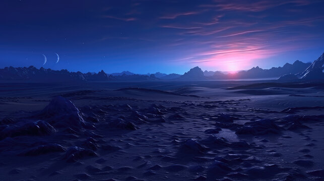 Alien desert landscape in dark, purple and blue background in sunset., generative ai