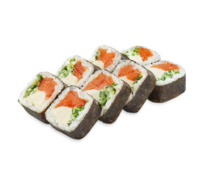 Delicious futomaki rolls filled with smoked salmon fillet, cream cheese and cucumbers, presented on white background. Popular Japanese style snack