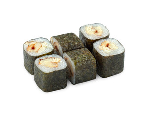 Pieces of appetizing norimaki rolls with filling of eel slices traditionally wrapped in rice and nori sheet, displayed on white background. Popular Japanese snack