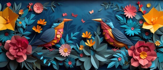 Paper cut birds in a tropical aviary zoo.