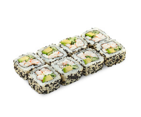 Appetizing uramaki sushi rolls coated with toasted sesame seeds mixture, filled with succulent shrimp, cucumber and avocado, displayed isolated on white background. Popular Japanese food 
