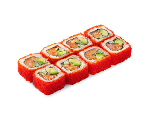 California sushi rolls are laid out on a white surface. The rolls are topped with bright red tobiko, and each roll is cut into six pieces.