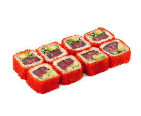 California sushi rolls are laid out on a white surface. The rolls are topped with bright red tobiko, and each roll is cut into six pieces. 