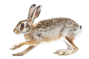 Obraz premium A hare mid-bound, ears back, isolated on a white background