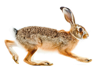 Fototapeta premium A hare mid-bound, ears back, isolated on a white background