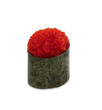 A single sushi roll with a topping of red tobiko Traditional Japanese gastronomic culture concept