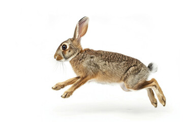 Fototapeta premium A hare mid-bound, ears back, isolated on a white background