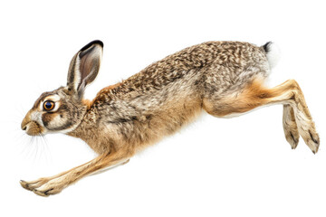 Obraz premium A hare mid-bound, ears back, isolated on a white background