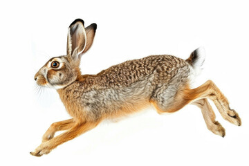 Naklejka premium A hare mid-bound, ears back, isolated on a white background