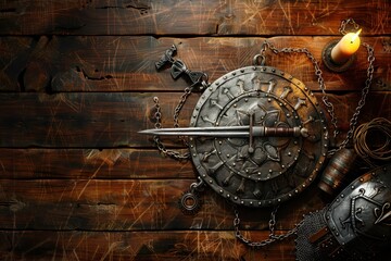 Fototapeta premium A sword and shield are on a wooden table with a candle and a chain