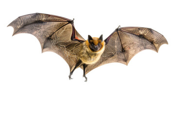 Fototapeta premium A bat mid-flight, wings spread, isolated on a white background