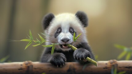 Obraz premium Cute funny panda cub eating bamboo 