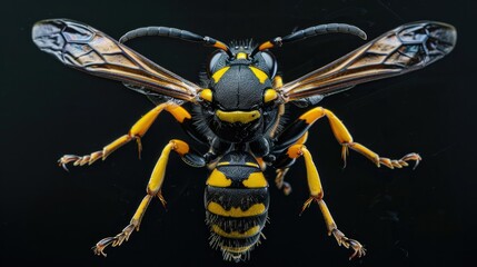 Fototapeta premium Striking High Contrast Macro Portrait of Fierce Looking Wasp in Mid Air