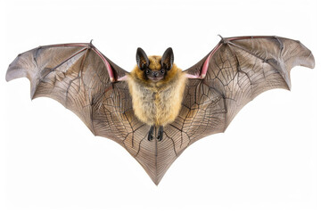 Fototapeta premium A bat mid-flight, wings spread, isolated on a white background