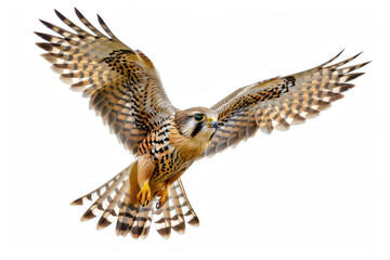 Fototapeta premium A kestrel mid-soar, wings wide, isolated on a white background