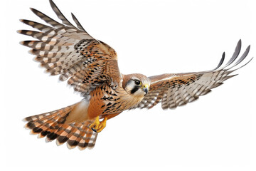 Fototapeta premium A kestrel mid-soar, wings wide, isolated on a white background
