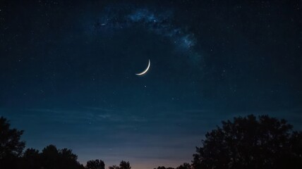 Naklejka premium night, sky, moon, dark, star, tree, stars, landscape, nature, silhouette, full, light, forest, blue, space, moonlight, clouds, trees, christmas, black, astronomy, halloween, sunset, time, illustration