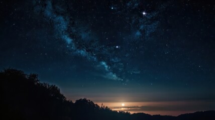 Fototapeta premium night, sky, moon, dark, star, tree, stars, landscape, nature, silhouette, full, light, forest, blue, space, moonlight, clouds, trees, christmas, black, astronomy, halloween, sunset, time, illustration