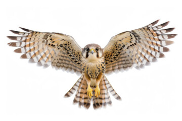 A kestrel mid-soar, wings wide, isolated on a white background