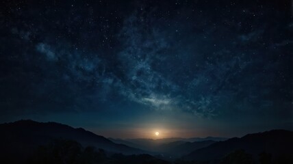 Naklejka premium night, sky, moon, dark, star, tree, stars, landscape, nature, silhouette, full, light, forest, blue, space, moonlight, clouds, trees, christmas, black, astronomy, halloween, sunset, time, illustration