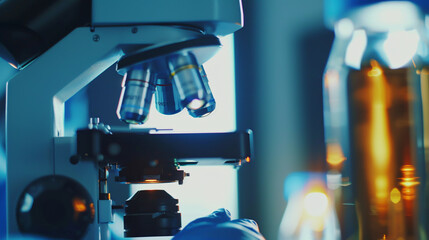 Research and development concept background showing a scientist or researcher using a microscope in a biotechnology laboratory. Overlay includes DNA strands and molecular symbols, illustrating