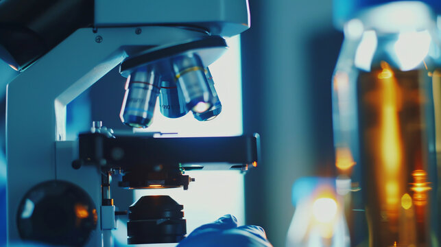 Research and development concept background showing a scientist or researcher using a microscope in a biotechnology laboratory. Overlay includes DNA strands and molecular symbols, illustrating 