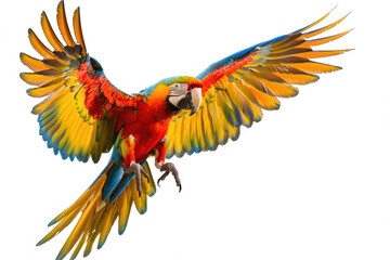 Obraz premium A macaw mid-flight, wings colorful, isolated on a white background