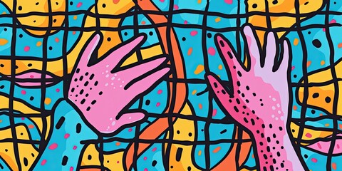 A playful doodle of hands gripping a steel lattice, doodle style, with whimsical lines and quirky details