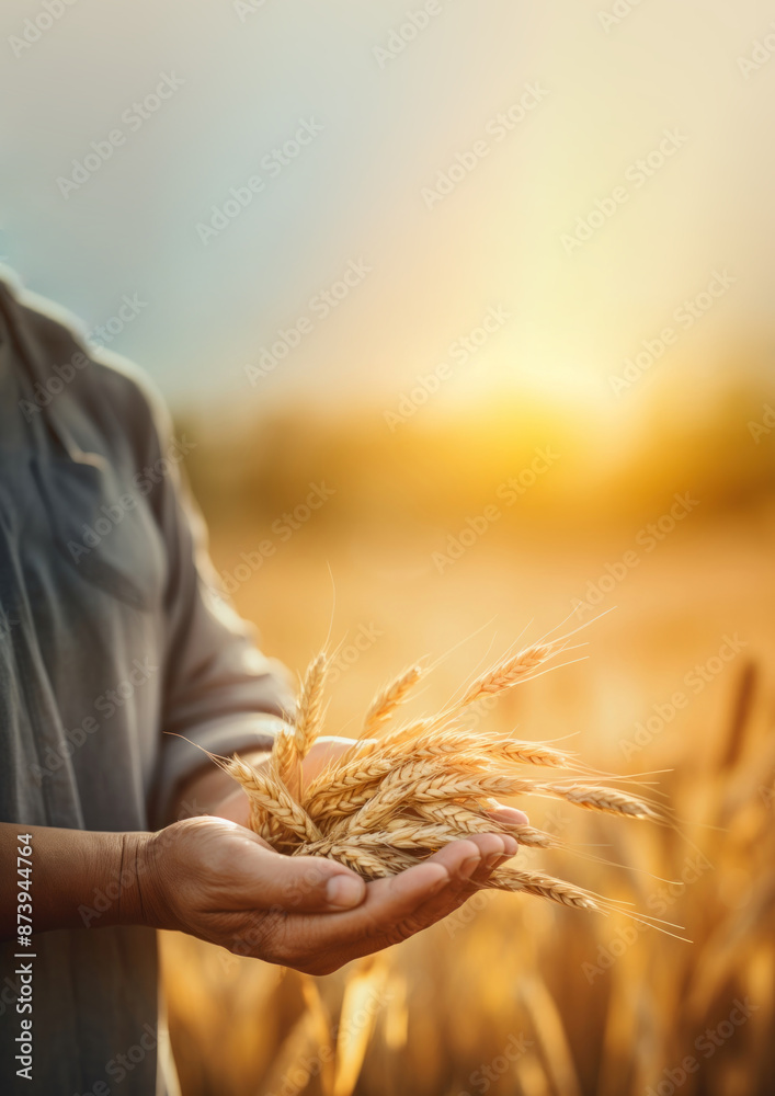 Wall mural photo of a dusty farmer hand holding rice grain plant, agriculture background, copy space.