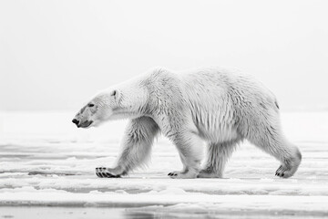 Fototapeta premium Polar bear walking across icy terrain, with a powerful stride