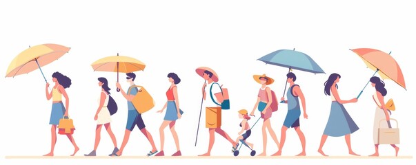 Beachgoers relaxing on the sand. Summertime activity. Modern characters.