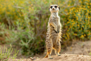 Fototapeta premium Meerkat standing on its hind legs, looking around curiously