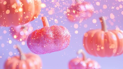 orange pumpkins covered in purple glitter flying against a pink sky