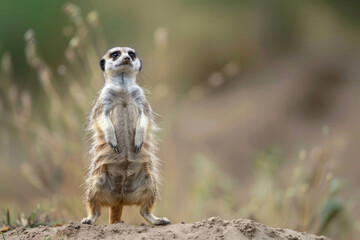 Fototapeta premium Meerkat standing on its hind legs, looking around curiously