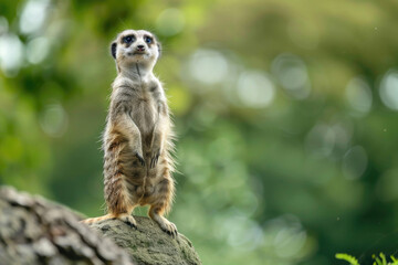 Meerkat standing on its hind legs, looking around curiously