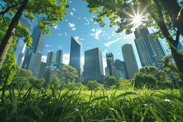 Tranquil city park with lush grass and modern skyscrapers backdrop on a clear day