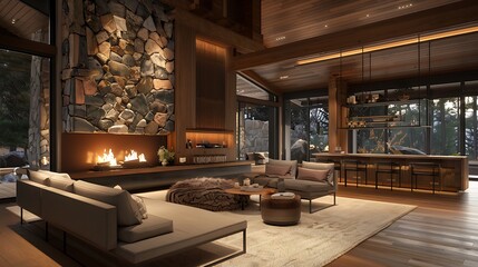 A captivating 3D rendering of a modern living room with a statement fireplace, incorporating natural stone accents and a cozy seating area for relaxation